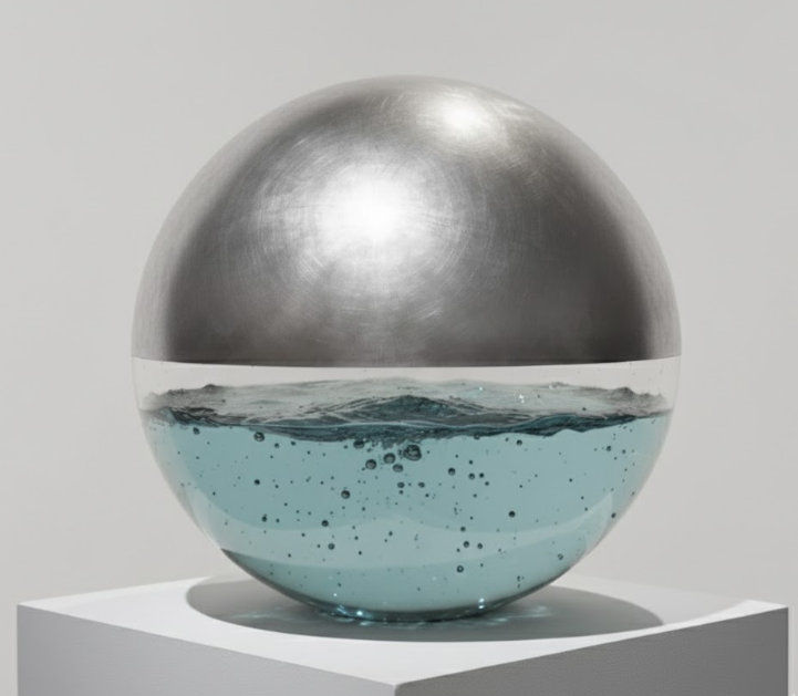 Skulpturen Havsspegel i polerat stål och vatten