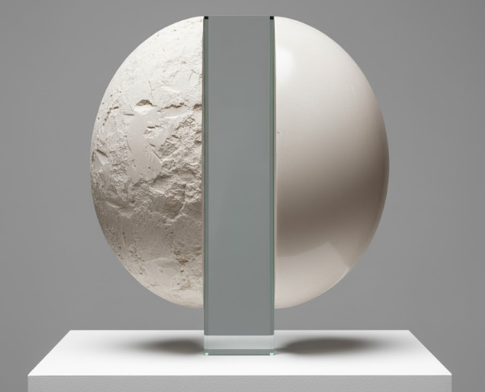 Meridian Split – kalkstenssfär med glasbalk