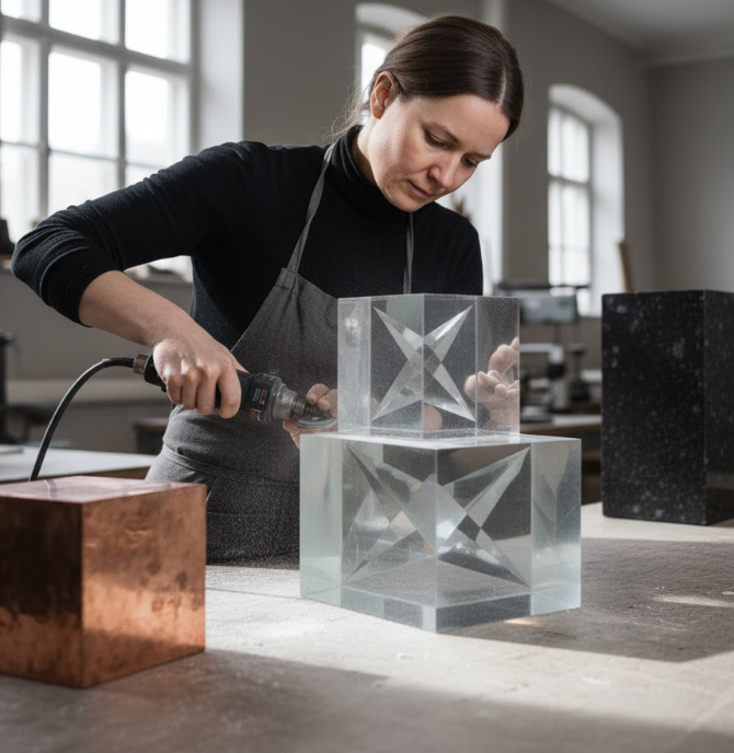 Ava Liljestrand arbetar koncentrerat med en skulptur